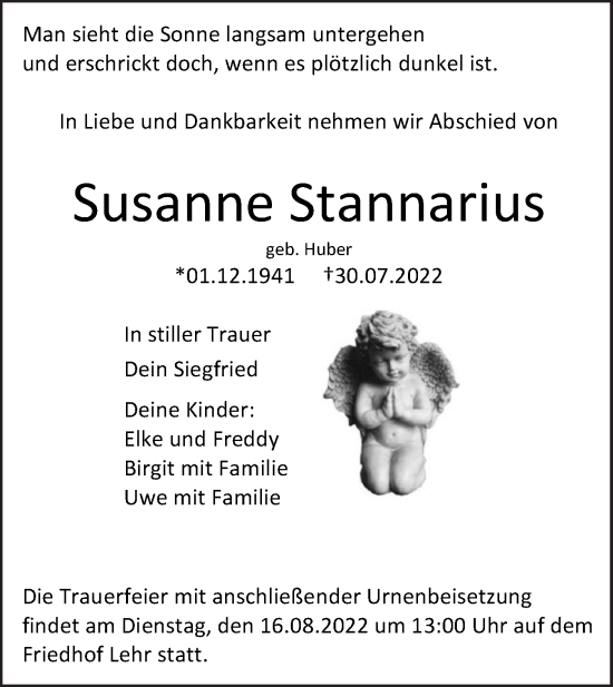 Traueranzeige von Susanne Stannarius von SÜDWEST PRESSE Ausgabe Ulm/Neu-Ulm