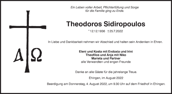 Traueranzeige von Theodoros Sidiropoulos von Ehinger Tagblatt