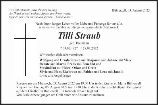 Traueranzeige von Tilli Straub von Haller Tagblatt