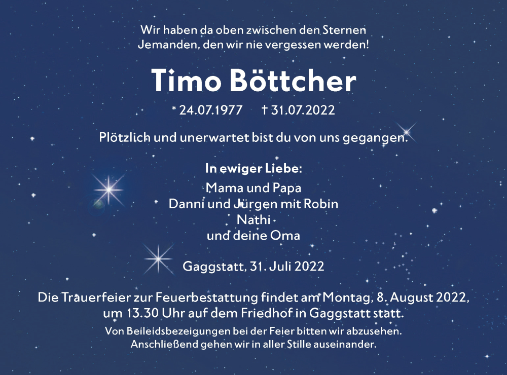  Traueranzeige für Timo Böttcher vom 05.08.2022 aus Hohenloher Tagblatt