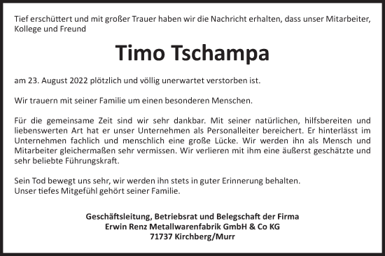 Traueranzeige von Timo Tschampa von Rundschau Gaildorf