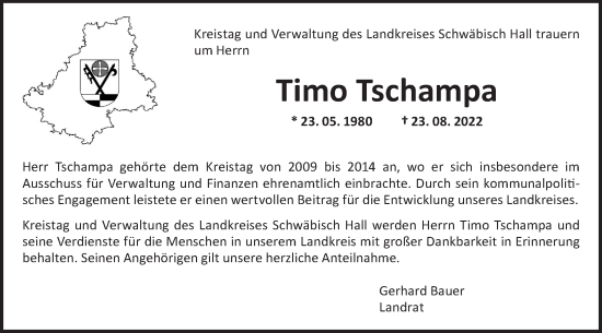 Traueranzeige von Timo Tschampa von Rundschau Gaildorf