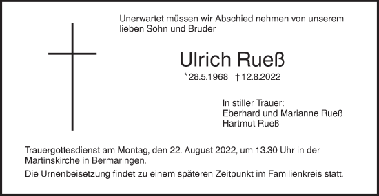 Traueranzeige von Ulrich Rueß von SÜDWEST PRESSE Ausgabe Ulm/Neu-Ulm