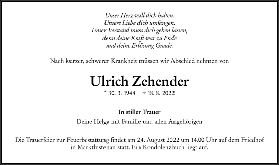 Traueranzeige von Ulrich Zehender von Hohenloher Tagblatt