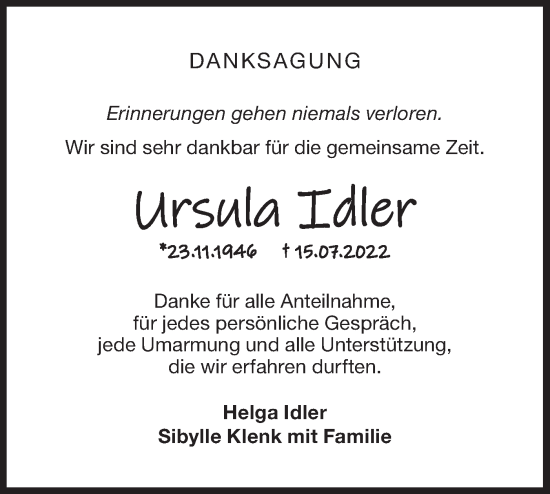 Traueranzeige von Ursula Idler von Haller Tagblatt