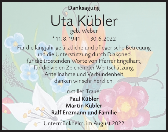 Traueranzeige von Uta Kübler von Haller Tagblatt