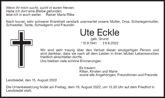 Traueranzeige von Ute Eckle von Hohenloher Tagblatt