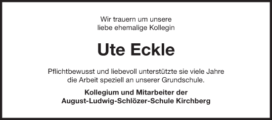 Traueranzeige von Ute Eckle von Hohenloher Tagblatt