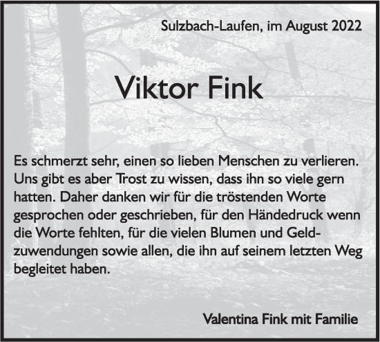 Traueranzeige von Viktor Fink von Rundschau Gaildorf