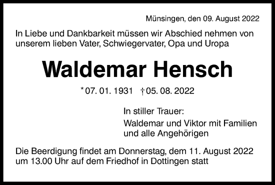 Traueranzeige von Waldemar Hensch von Alb-Bote/Metzinger-Uracher Volksblatt