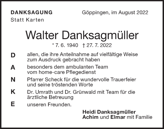 Traueranzeige von Walter Danksagmüller von NWZ Neue Württembergische Zeitung