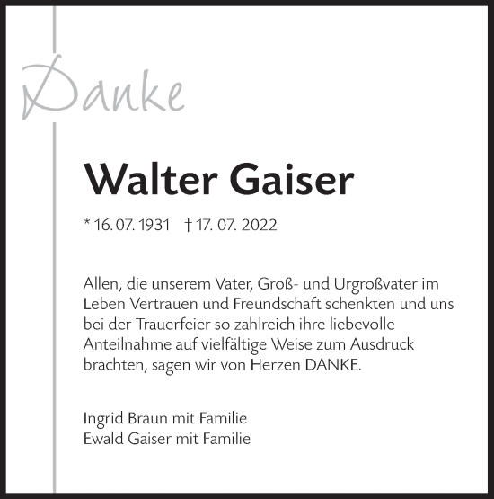 Traueranzeige von Walter Gaiser von Metzinger-Uracher Volksblatt