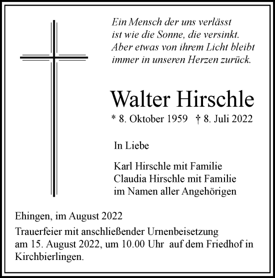 Traueranzeige von Walter Hirschle von Ehinger Tagblatt