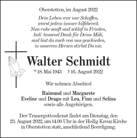 Traueranzeige von Walter Schmidt von Alb-Bote/Metzinger-Uracher Volksblatt