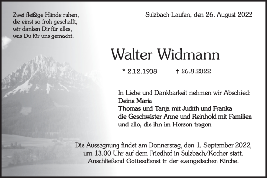 Traueranzeige von Walter Widmann von Rundschau Gaildorf