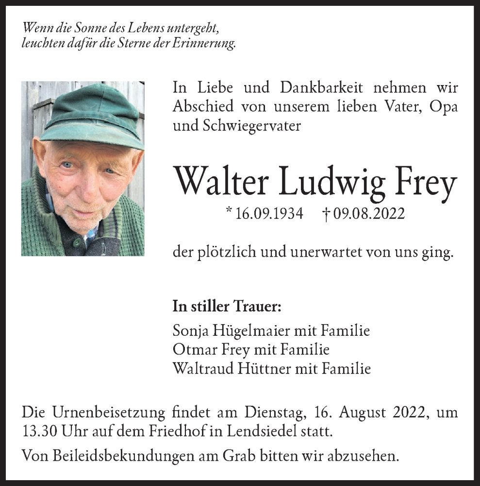  Traueranzeige für Walter Ludwig Frey vom 13.08.2022 aus Hohenloher Tagblatt