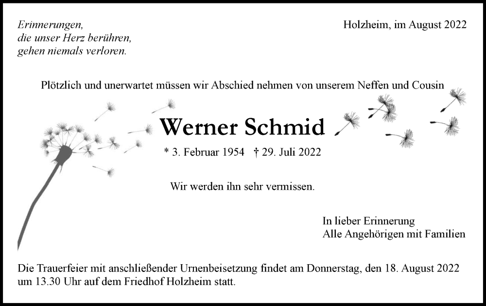  Traueranzeige für Werner Schmid vom 13.08.2022 aus NWZ Neue Württembergische Zeitung