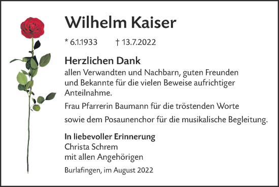 Traueranzeige von Wilhelm Kaiser von SÜDWEST PRESSE Ausgabe Ulm/Neu-Ulm