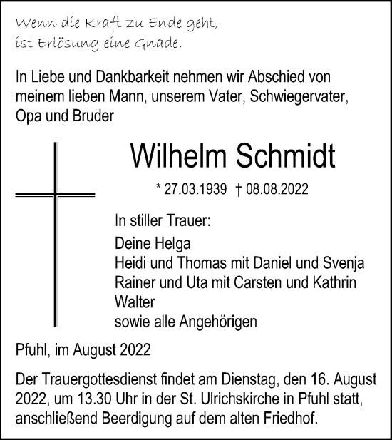 Traueranzeige von Wilhelm Schmidt von SÜDWEST PRESSE Ausgabe Ulm/Neu-Ulm