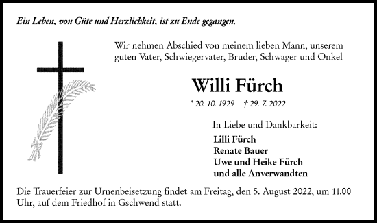 Traueranzeige von Willi Fürch von Rundschau Gaildorf