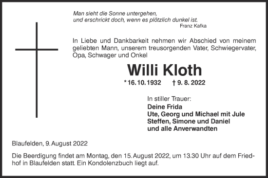 Traueranzeige von Willi Kloth von Hohenloher Tagblatt