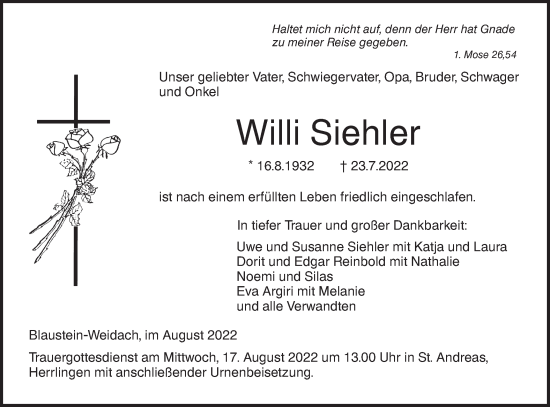 Traueranzeige von Willi Siehler von SÜDWEST PRESSE Ausgabe Ulm/Neu-Ulm