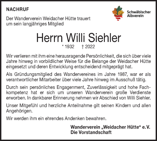 Traueranzeige von Willi Siehler von SÜDWEST PRESSE Ausgabe Ulm/Neu-Ulm