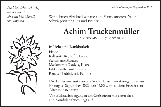 Traueranzeige von Achim Truckenmüller von Hohenloher Tagblatt