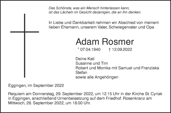 Traueranzeige von Adam Rosmer von SÜDWEST PRESSE Ausgabe Ulm/Neu-Ulm