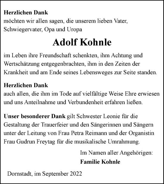 Traueranzeige von Adolf Kohnle von SÜDWEST PRESSE Ausgabe Ulm/Neu-Ulm