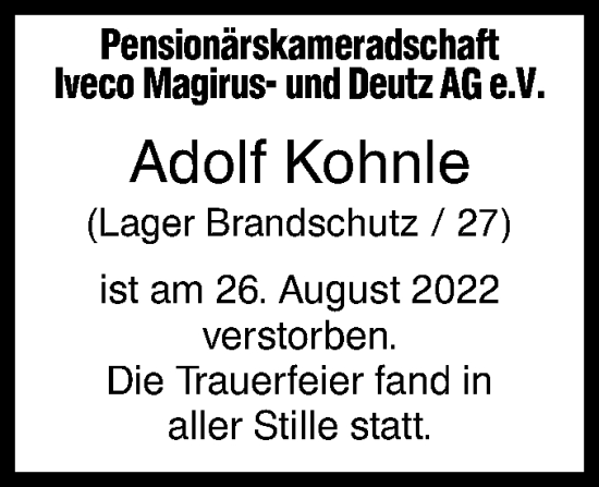 Traueranzeige von Adolf Kohnle von SÜDWEST PRESSE Ausgabe Ulm/Neu-Ulm