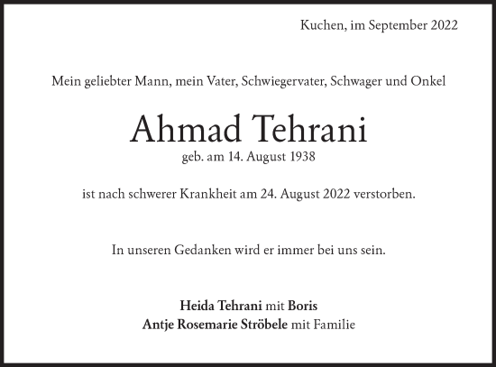 Traueranzeige von Ahmad Tehrani von Geislinger Zeitung