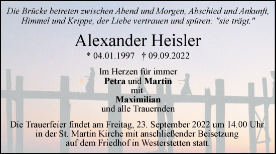 Traueranzeige von Alexander Heisler von SÜDWEST PRESSE Ausgabe Ulm/Neu-Ulm