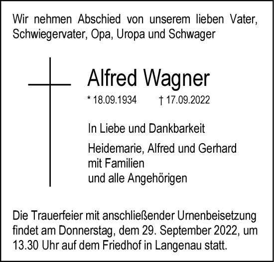 Traueranzeige von Alfred Wagner von SÜDWEST PRESSE Ausgabe Ulm/Neu-Ulm