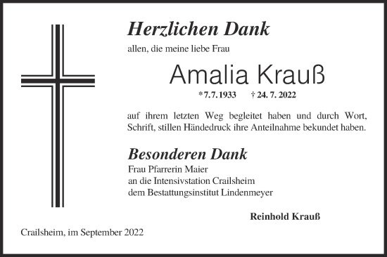 Traueranzeige von Amalia Krauß von Hohenloher Tagblatt