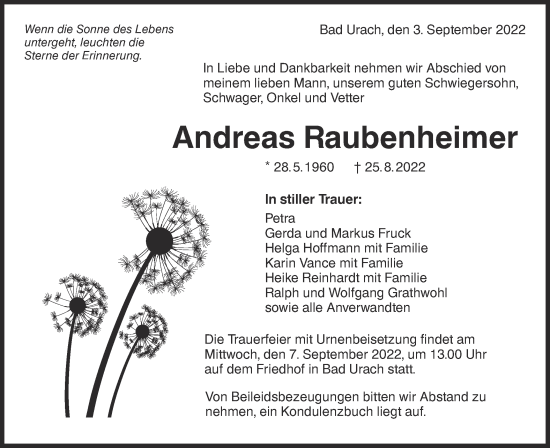 Traueranzeige von Andreas Raubenheimer von Metzinger-Uracher Volksblatt