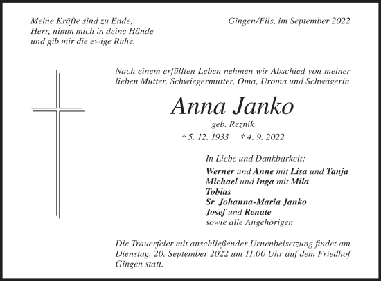 Traueranzeige von Anna Janko von Geislinger Zeitung