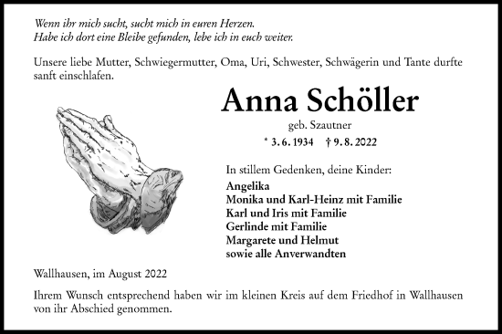 Traueranzeige von Anna Schöller von Hohenloher Tagblatt