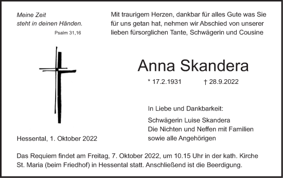 Traueranzeige von Anna Skandera von Haller Tagblatt