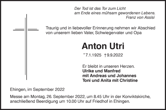 Traueranzeige von Anton Utri von Ehinger Tagblatt