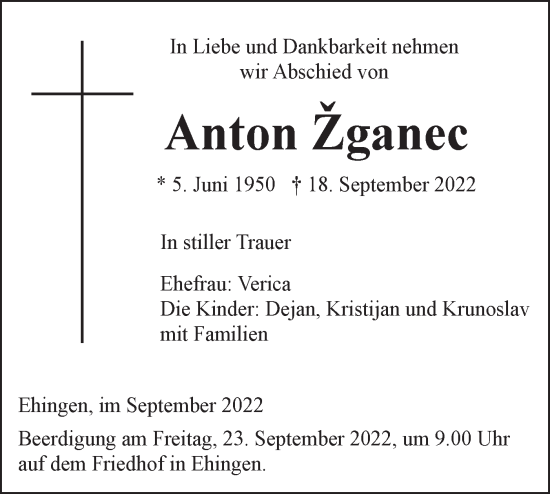 Traueranzeige von Anton Zganec von Ehinger Tagblatt