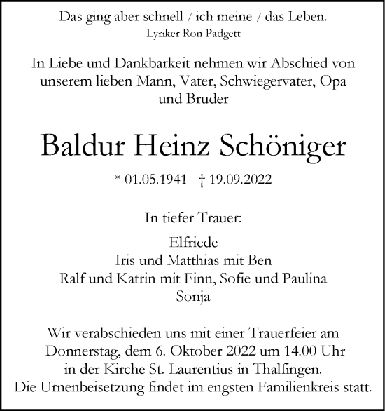 Traueranzeige von Baldur Heinz Schöniger von SÜDWEST PRESSE Ausgabe Ulm/Neu-Ulm