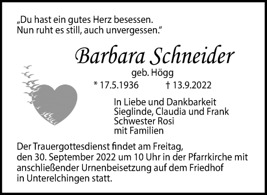 Traueranzeige von Barbara Schneider von SÜDWEST PRESSE Ausgabe Ulm/Neu-Ulm