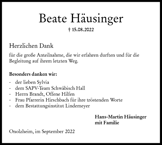 Traueranzeige von Beate Häusinger von Hohenloher Tagblatt