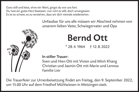 Traueranzeige von Bernd Ott von Alb-Bote/Metzinger-Uracher Volksblatt