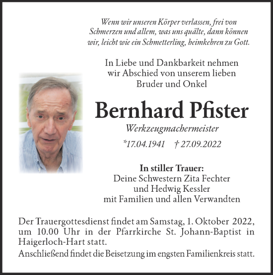 Traueranzeige von Bernhard Pfister von Metzinger-Uracher Volksblatt