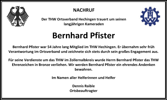 Traueranzeige von Bernhard Pfister von Metzinger-Uracher Volksblatt