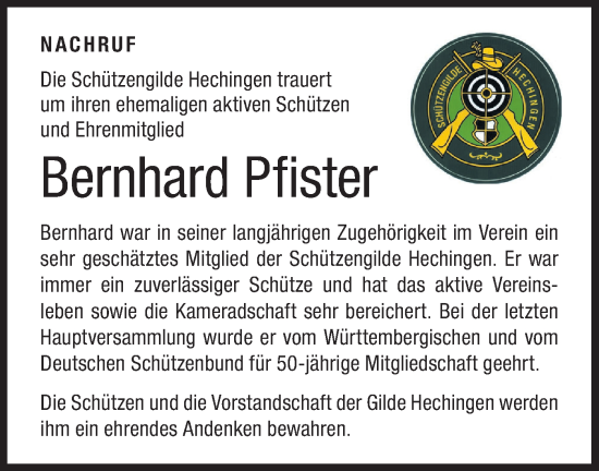 Traueranzeige von Bernhard Pfister von Metzinger-Uracher Volksblatt