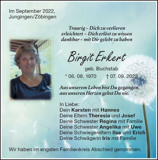 Traueranzeige von Birgit Erkert von SÜDWEST PRESSE Ausgabe Ulm/Neu-Ulm