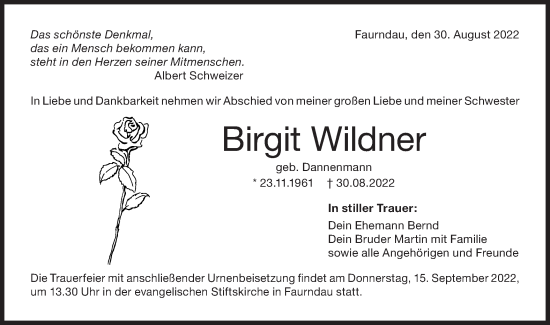 Traueranzeige von Birgit Wildner von NWZ Neue Württembergische Zeitung